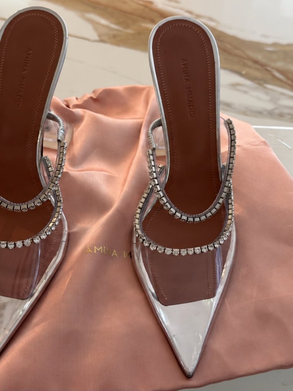 Amina Muaddi Gilda Glass Crystal PVC Mules EU 37 US 7 NIB